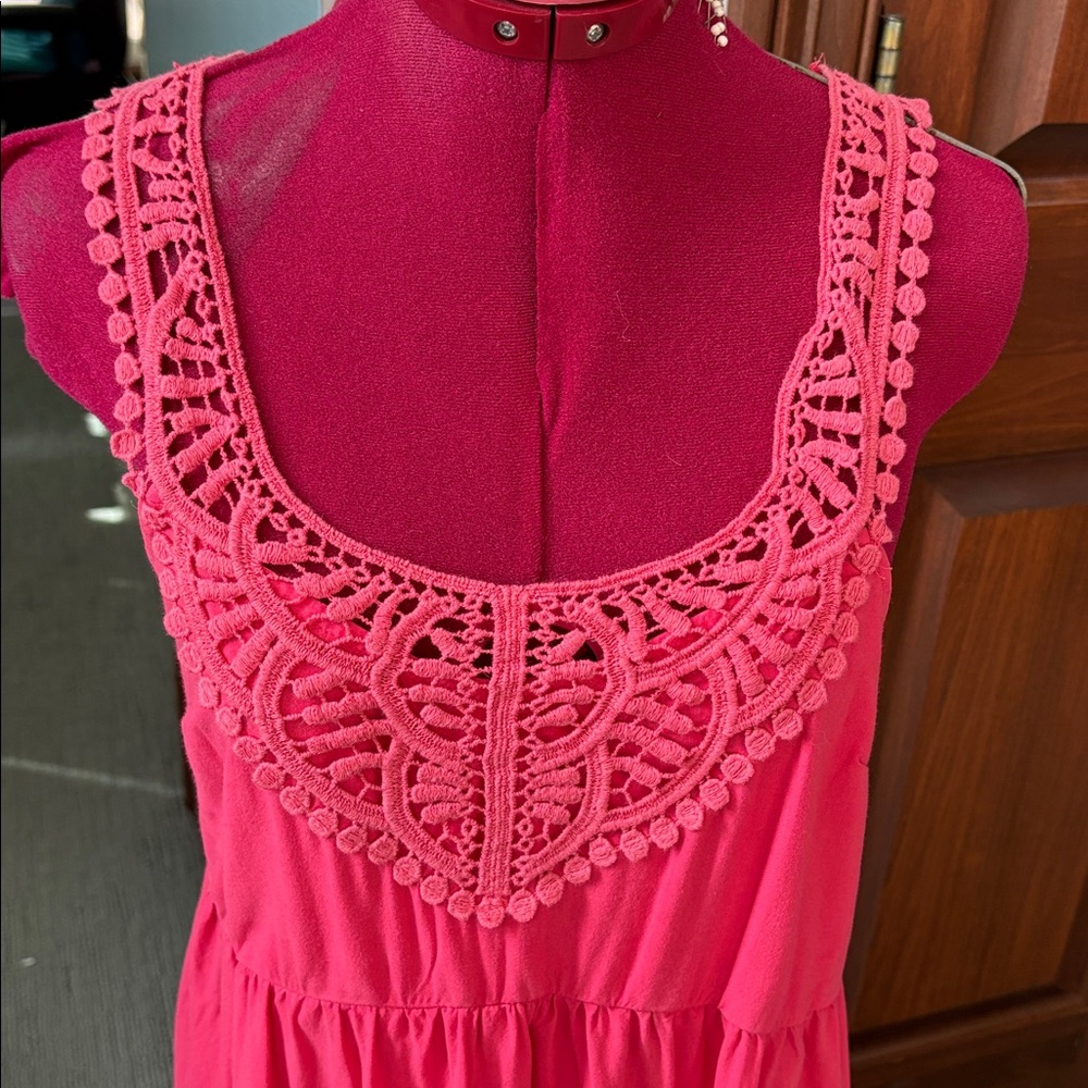 Altar’d State  Sundress  sleeveless scoop neck/lace trim Coral color full skirt - Picture 2 of 12